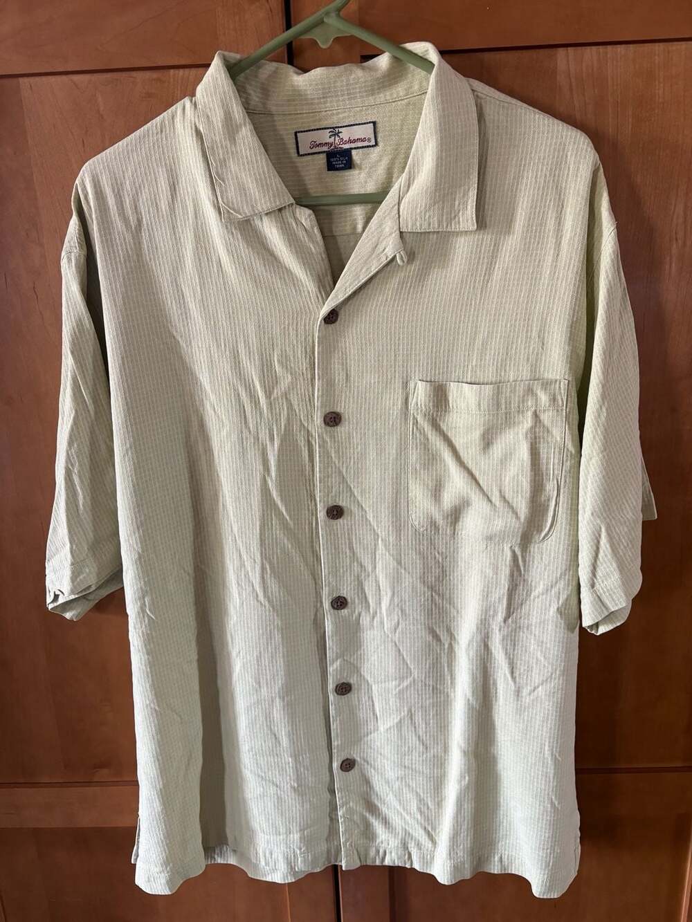 Tommy Bahama Men's 100% Silk Shadow Stripe Short Sleeve Shirt Light Green Size L